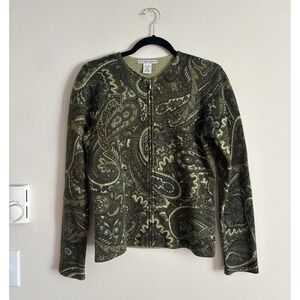 Jillian Jones Womens Medium Full Zip Sweater WOOL Paisley Green Y2K 2000s‎ Fairy